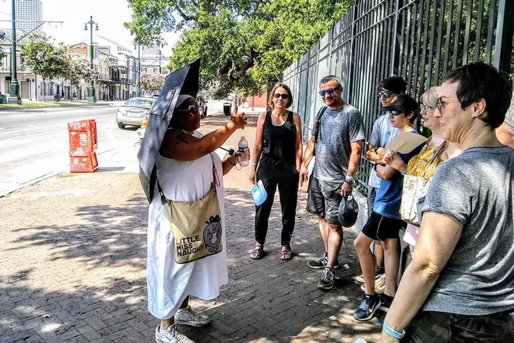 A person dressed in a nun costume gives a tour to a group of attentive tourists on a sunny day on an urban street