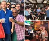 A group of smiling people are posing for a photo while holding drinks creating a sociable atmosphere