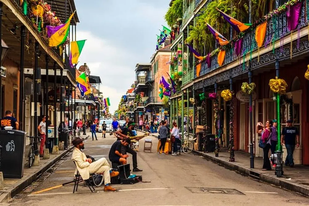 Street musicians perform on a vibrant bustling street adorned with colorful Mardi Gras decorations characteristic of New Orleans famous French Quarter