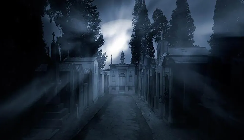 This image depicts a moonlit foggy atmosphere in a cemetery with tombstones and crypts lining a narrow path evoking a sense of mystery or eeriness