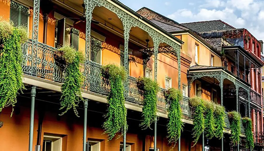 This image shows a colorful facade of a building with intricate ironwork balconies draped in greenery reminiscent of the historic architecture often found in the French Quarter of New Orleans