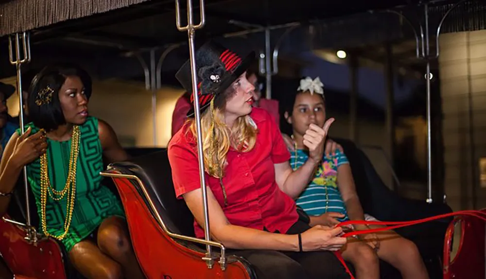 A group of individuals appears to be on a bus or tram ride at night with a person in a red shirt and black hat seemingly acting as a tour guide or entertainer