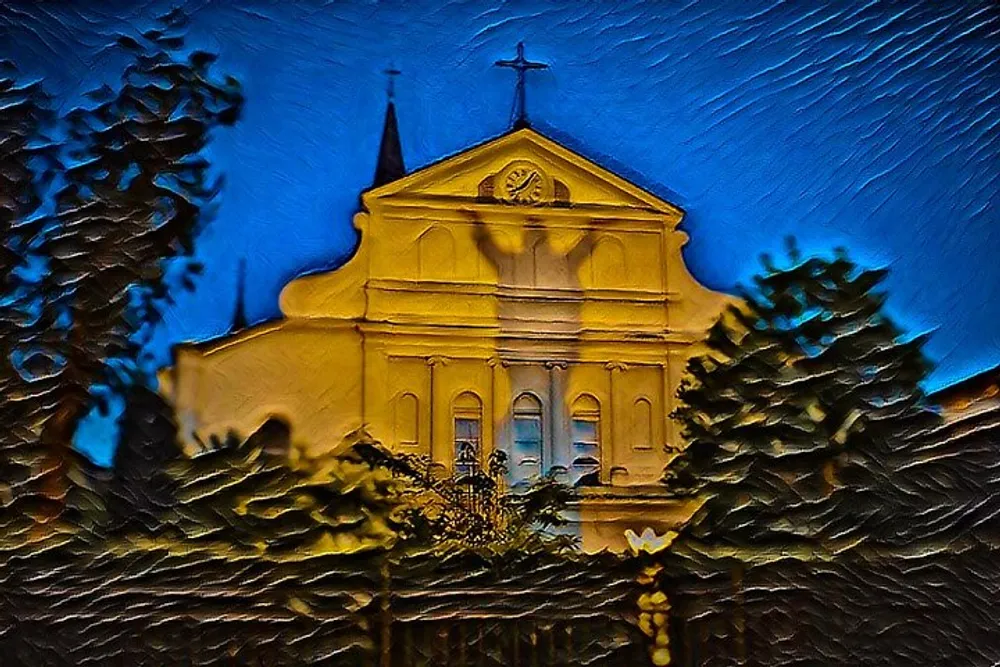 The image shows a yellow church with prominent architectural details viewed through an effect that simulates the appearance of the scene as if it were seen through textured glass providing a dreamlike distorted quality to the photo