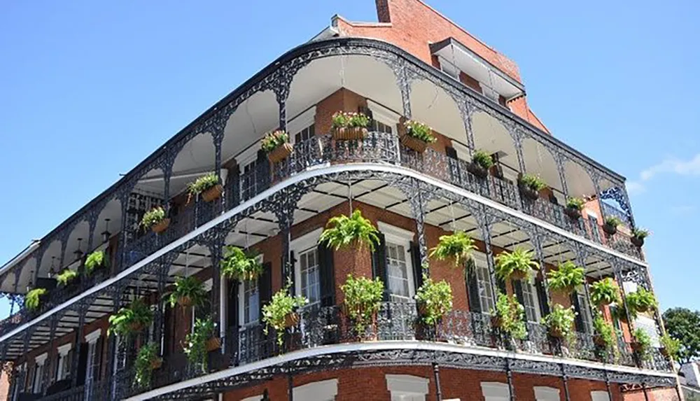 The image showcases a traditional building with elaborate ironwork on its double galleries adorned with hanging plants under a clear blue sky evoking the historic charm typical of the French Quarter in New Orleans