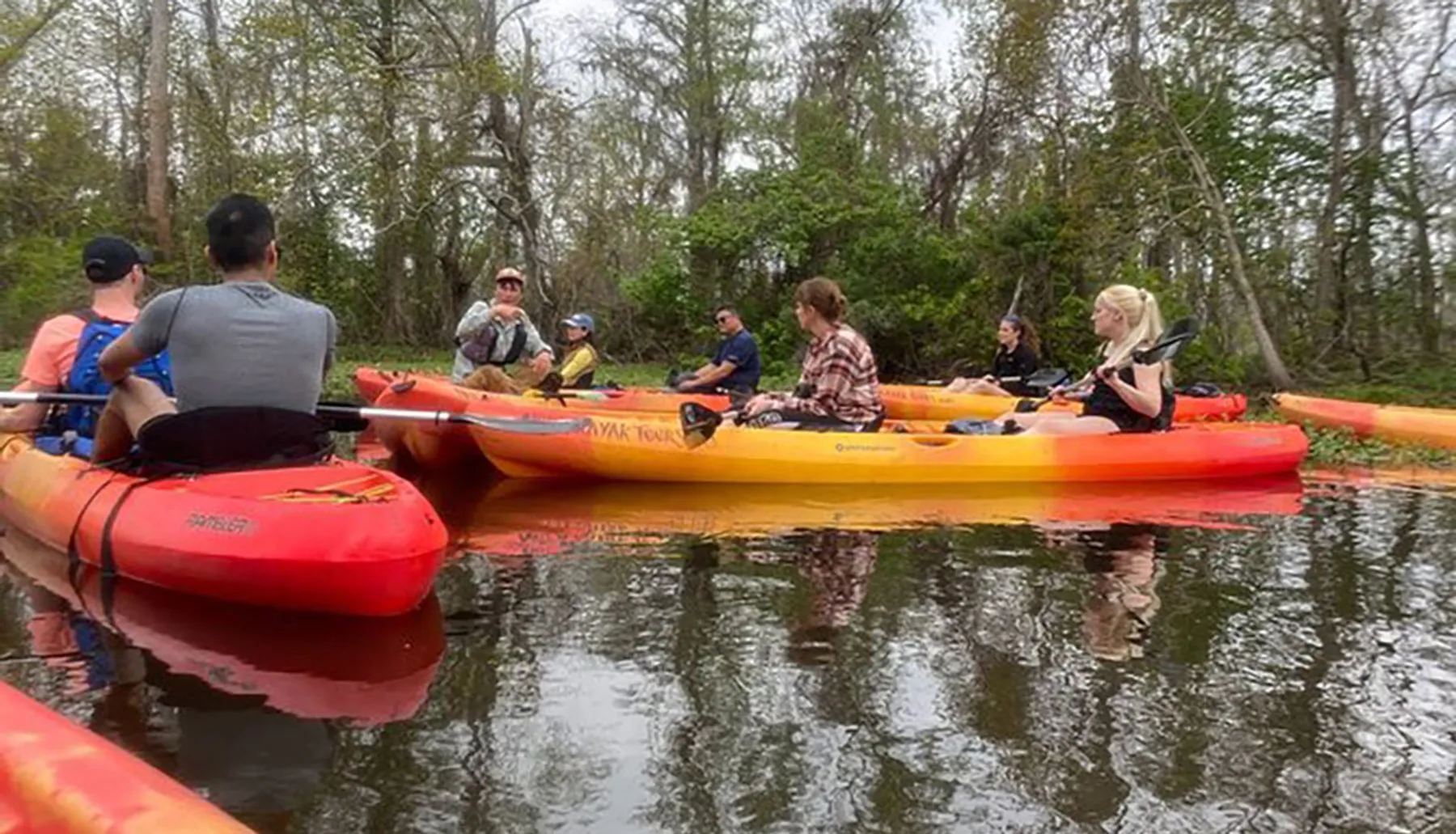 A group of people are enjoying a kayak excursion on a calm waterway surrounded by natural vegetation.