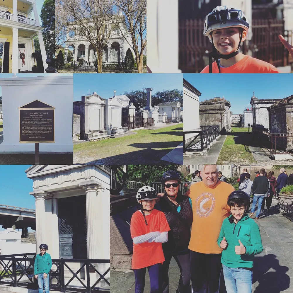 The image is a collage of photos depicting various scenes including historic buildings that resemble a cemetery a close-up of a smiling child wearing a helmet a family wearing helmets likely on a bike tour and another photo of two children posing with thumbs up suggesting a day spent exploring and touring a location with significant cultural or historical value