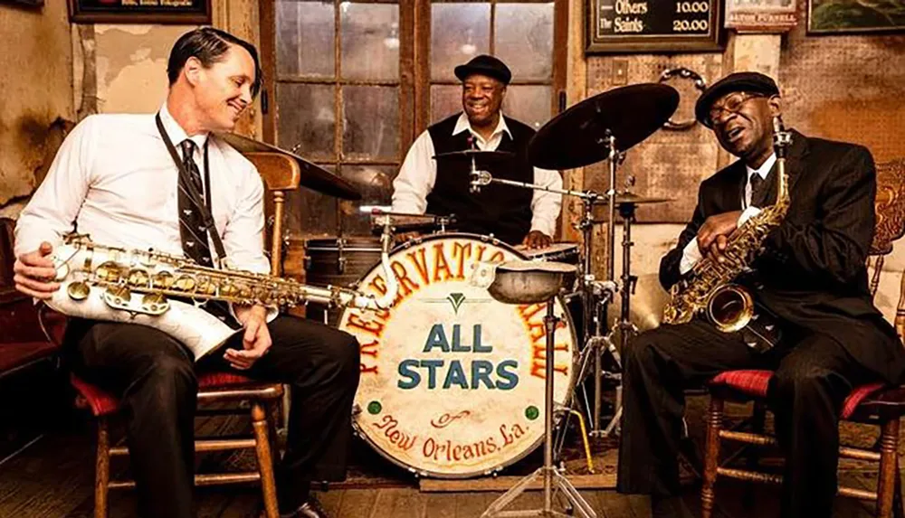 A jazz band performs with members smiling and playing a saxophone and drums evoking the vibrant music scene of New Orleans