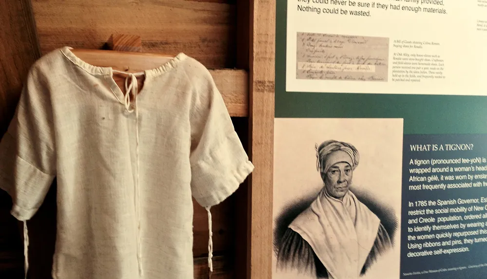 The image shows a historical exhibit featuring an old-fashioned garment on a wooden hanger and an informational poster with text and an illustration of a woman wearing a traditional headwrap called a tignon