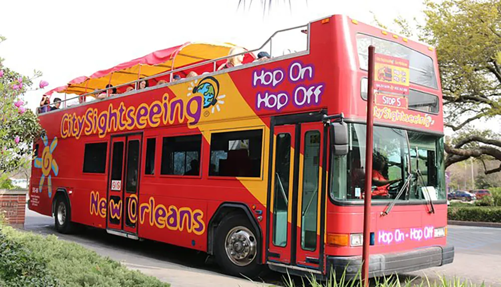 A bright red open-top double-decker bus adorned with City Sightseeing New Orleans branding is parked offering a hop-on hop-off service for tourists