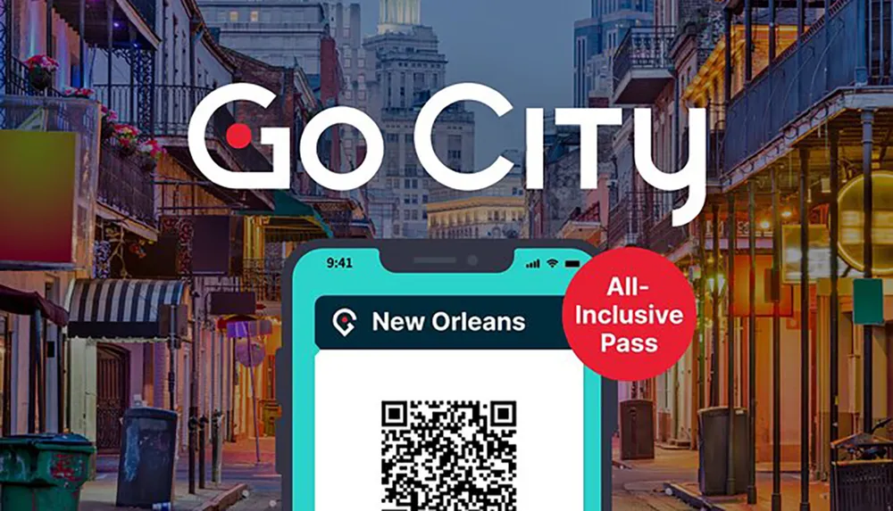 The image is an advertisement for Go City featuring a colorful street scene of New Orleans in the background with a smartphone displaying a QR code and the text New Orleans - All-Inclusive Pass on the screen
