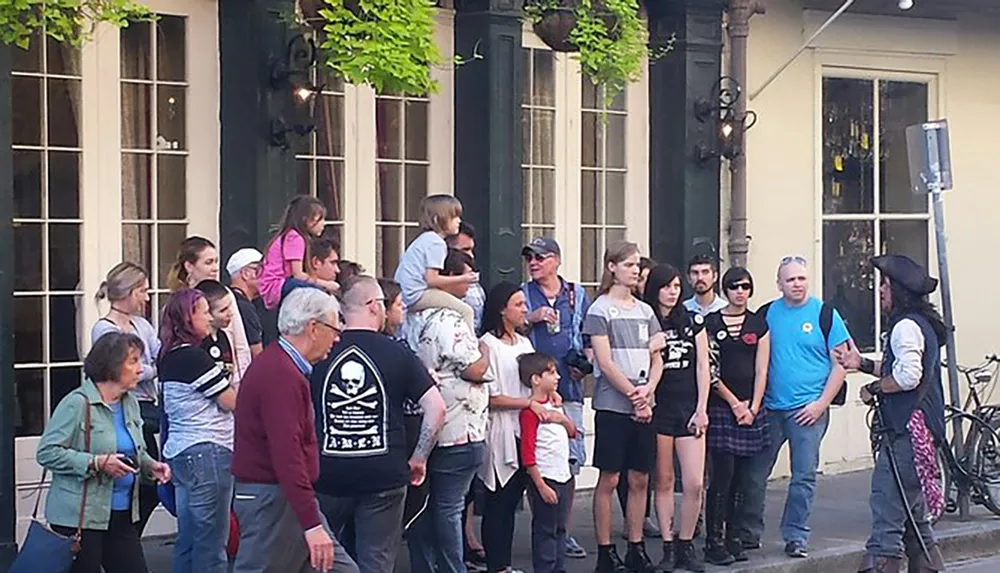 A group of people of various ages attentively listen to a person dressed as a pirate speaking to them on a city street