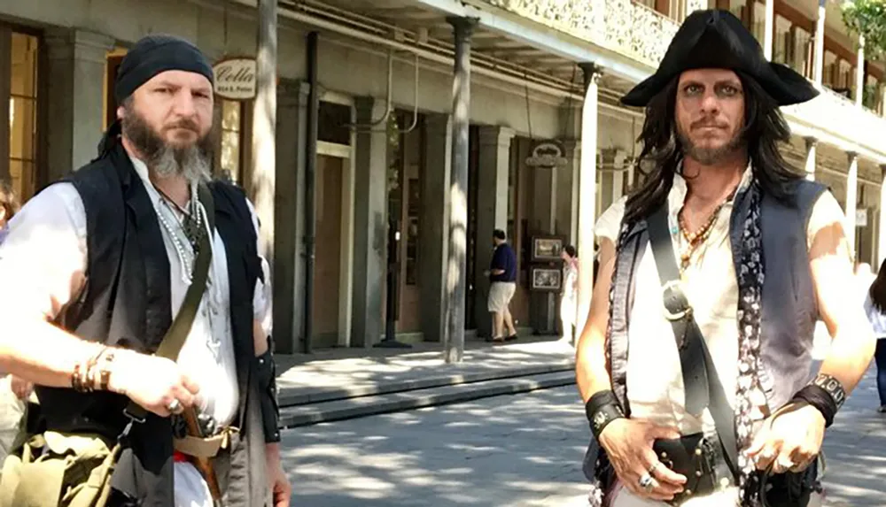 Two individuals are dressed in elaborate pirate costumes standing on a street that resembles a historical setting