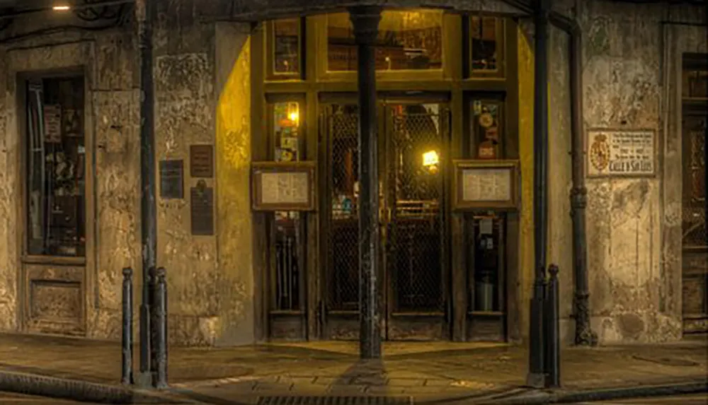 The image depicts a warmly lit quaint corner entrance to a vintage building with weathered walls and details suggesting it may be a shop or restaurant set against a dusky or overcast backdrop