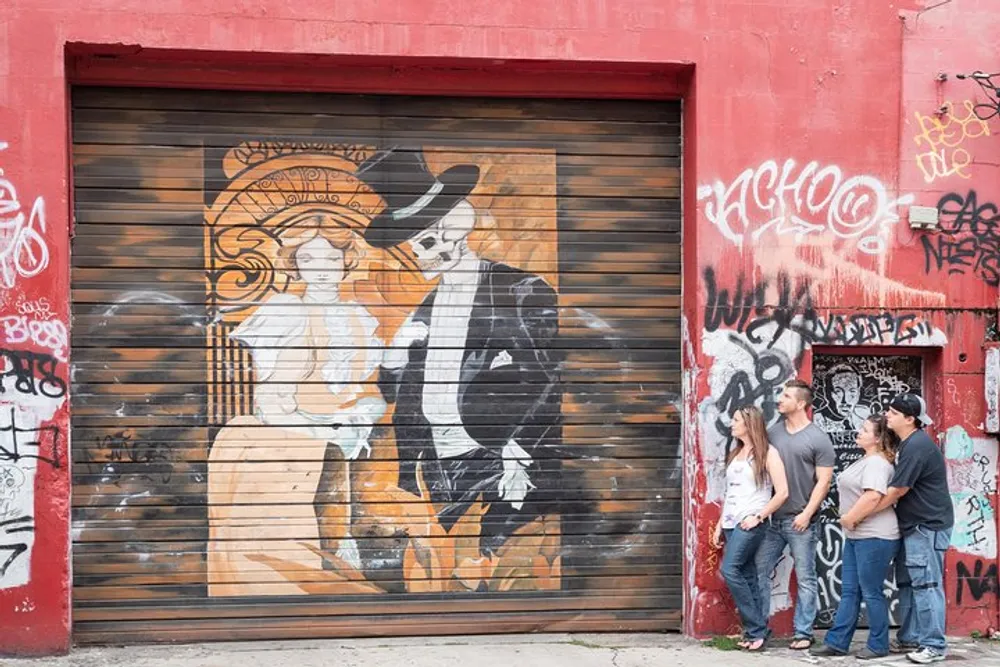 A group of people is standing in front of a garage door that has been painted with a mural of a Victorian-era couple with graffiti on the surrounding walls