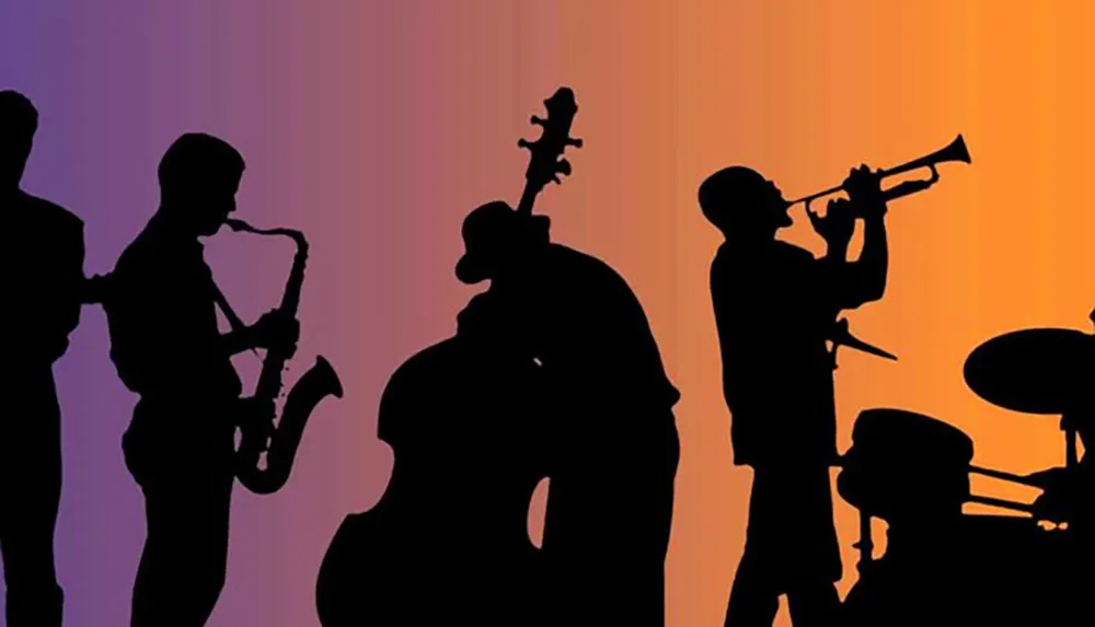 The image shows silhouettes of a jazz band with a saxophonist a double bass player a trumpeter and a drummer against a gradient orange-purple background