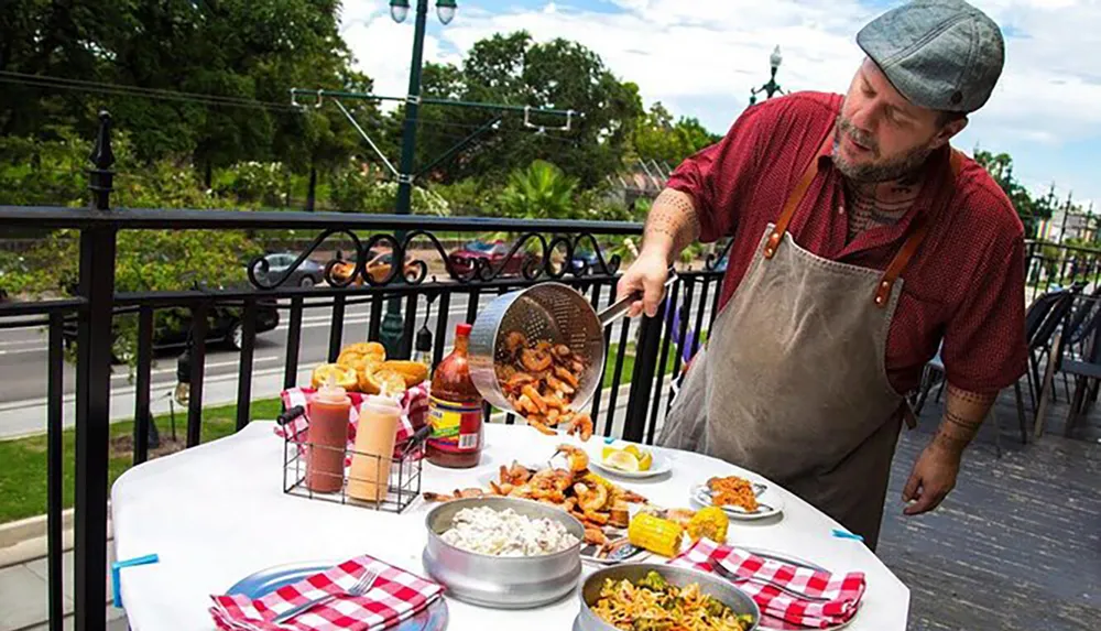 A chef is emptying a colander of shrimp onto a table set with various dishes and condiments creating a casual outdoor dining atmosphere