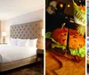 This image is a collage showcasing various hotel amenities including a plush guest room a gourmet burger an indoor swimming pool and a hearty breakfast