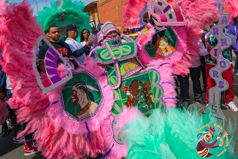 This image captures a vibrant street scene with individuals dressed in elaborate pink and green feathered costumes likely part of a parade or cultural festival