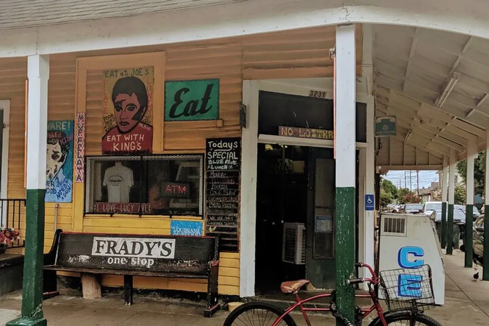 The image shows the exterior of Fradys One Stop a quaint and colorful corner store with a bench out front retro signage and a red bicycle parked nearby