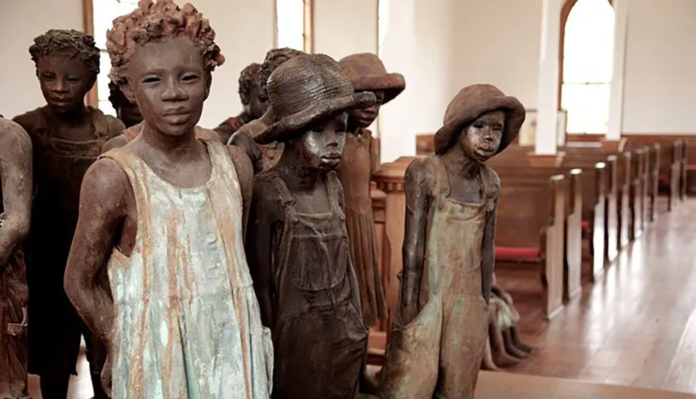 The image shows a collection of bronze statues depicting young children standing in rows inside a church conveying a somber or reflective mood