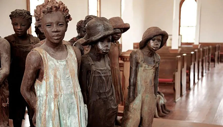 The image shows a collection of bronze statues depicting young children standing in rows inside a church, conveying a somber or reflective mood.