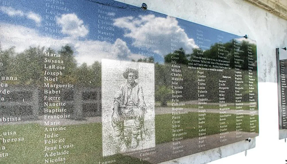 This image shows a reflective memorial wall etched with names and overlaid with the reflection of clouds and trees featuring an image of a person within the panel