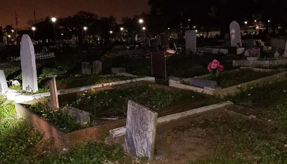 The photo depicts a nighttime view of a cemetery with tombstones flowering plants and illuminated paths
