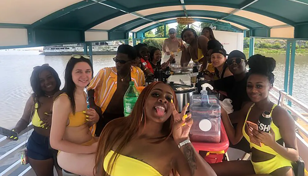 A group of people are enjoying a lively party on a boat with some wearing matching yellow outfits as they pose for the camera with food drinks and happy expressions