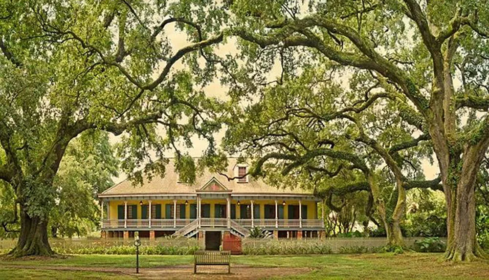 The image shows a large historic-looking house with a yellow exterior a wrap-around porch and a green roof set back behind an expansive lawn dotted with sprawling moss-draped oak trees