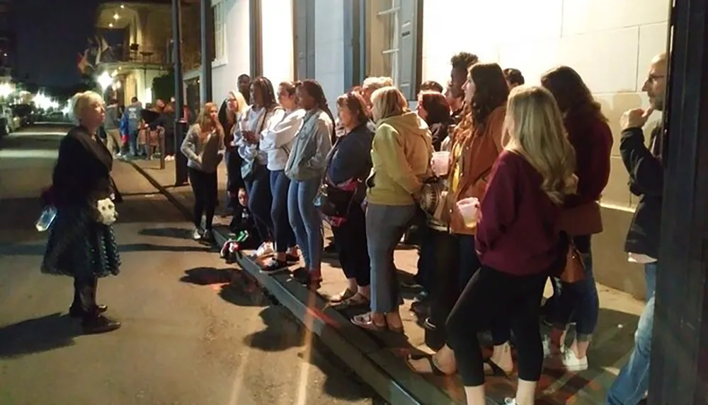 A group of people is standing in line outside a building at night engaging in various activities such as talking looking at their phones and drinking from plastic cups