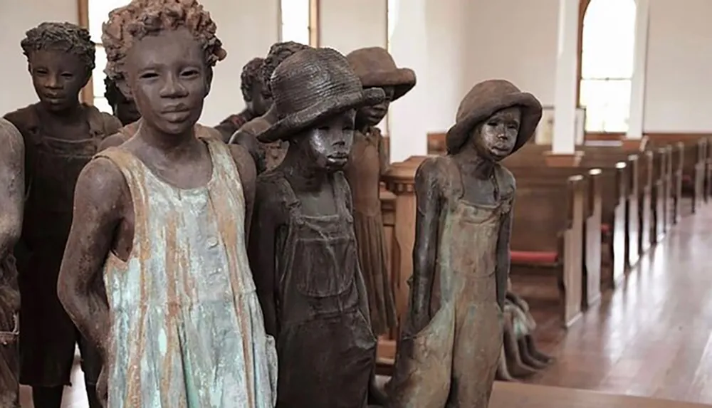 This image features a group of life-sized sculptures depicting children with detailed expressions and postures standing in a church aisle