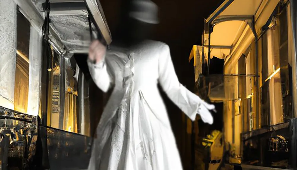 The image shows a blurred figure resembling a classic ghost dressed in white with a blurred face seemingly floating outside an illuminated window at night