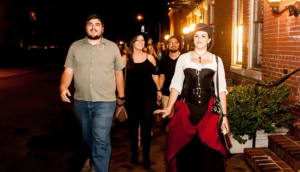 A group of people one of whom is dressed in a period costume are walking together at night along a city sidewalk