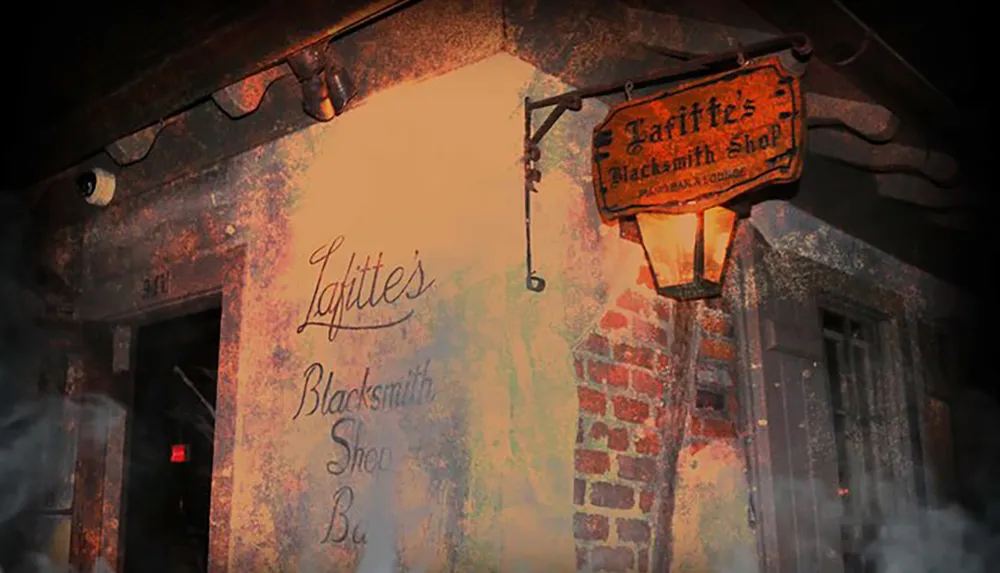 The image depicts the warm ambient entrance of Lafittes Blacksmith Shop Bar illuminated by a lantern with a vintage sign adding to the bars historic charm