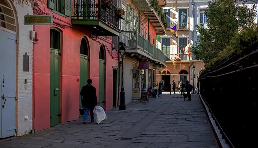 The image captures a lively street in what appears to be the French Quarter of New Orleans characterized by its historic colorful buildings with ironwork balconies a pedestrian with a shopping bag walking by and various people engaging in daily activities