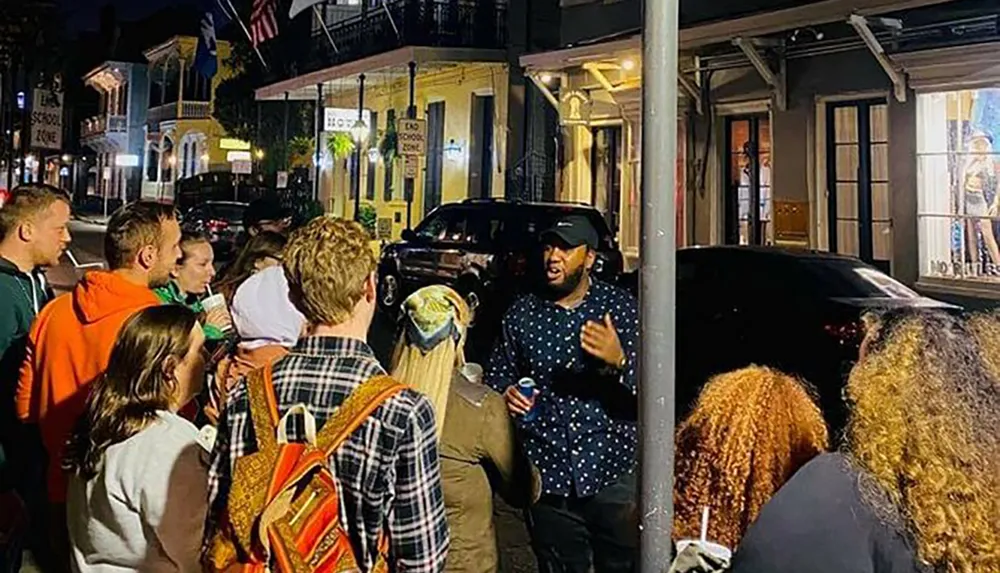 A group of people listens to a man speaking on a night-time street creating an atmosphere suggestive of an outdoor tour or event