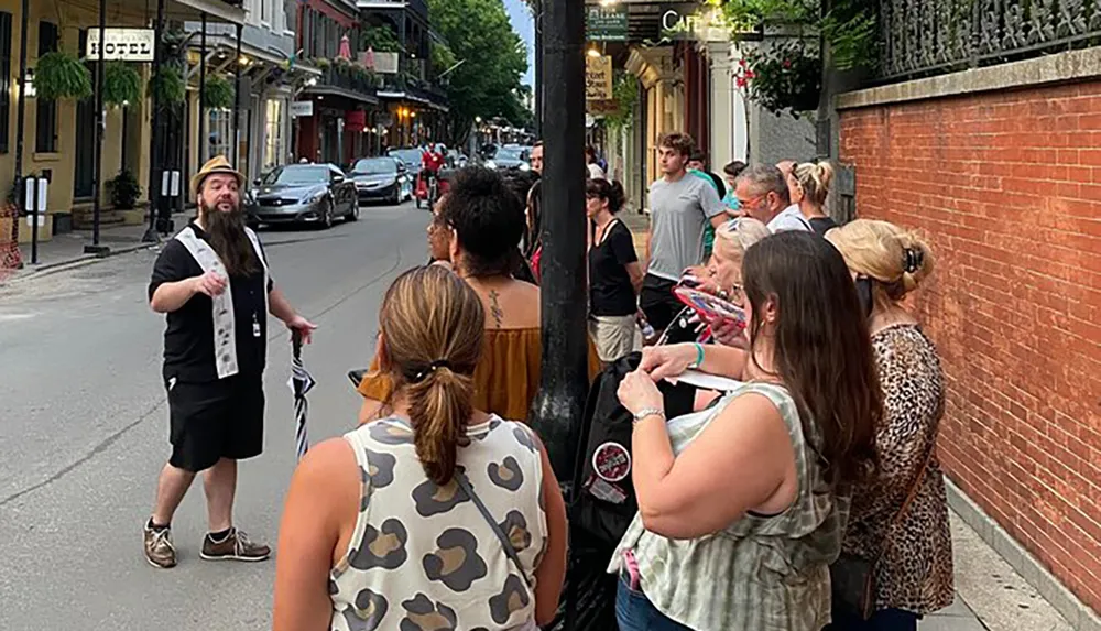 A tour guide holding an umbrella is speaking to a group of attentive listeners on a city street