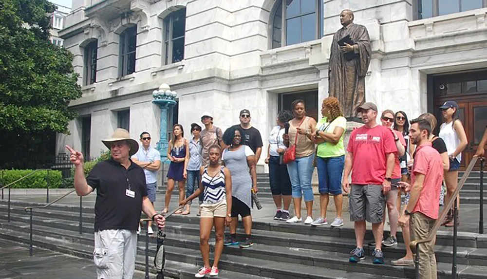 A tour guide is gesturing and explaining something to a group of attentive tourists in front of a building with a statue on the stairs