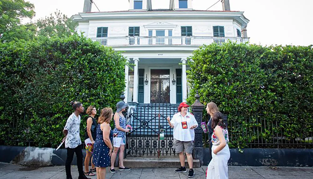 A tour guide in a red hat is speaking to a group of people in front of an old house with a balcony and surrounded by lush greenery