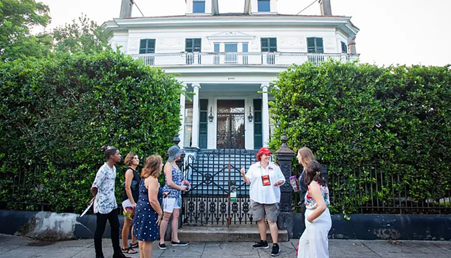 A tour guide in a red hat is speaking to a group of people in front of an old house with a balcony and surrounded by lush greenery.