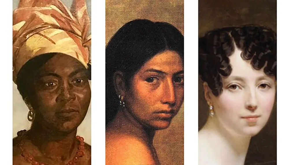 The image is a collage of three portraits of women from different historical periods showcasing diverse beauty standards and cultural attire