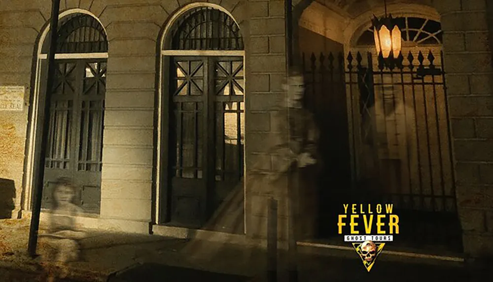 This image depicts a dimly lit eerie street scene with ghostly blurred figures near an entrance promoting Yellow Fever Ghost Tours