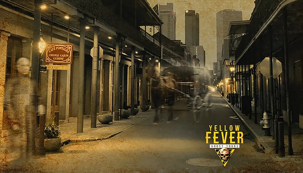The image depicts a sepia-toned street scene with ghostly figures and a horse-drawn carriage evoking a historical atmosphere and includes text for Yellow Fever Ghost Tours suggesting a themed tour related to the history of yellow fever