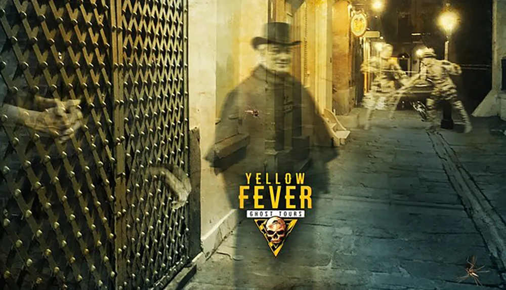 The image features a promotional poster for Yellow Fever Ghost Tours with ghostly figures and a haunting atmosphere on an old alleyway