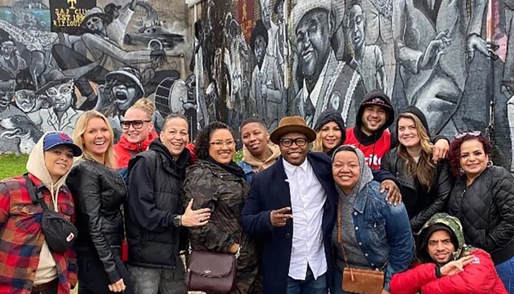 A diverse group of people are smiling in front of a mural that features images of iconic figures and musicians