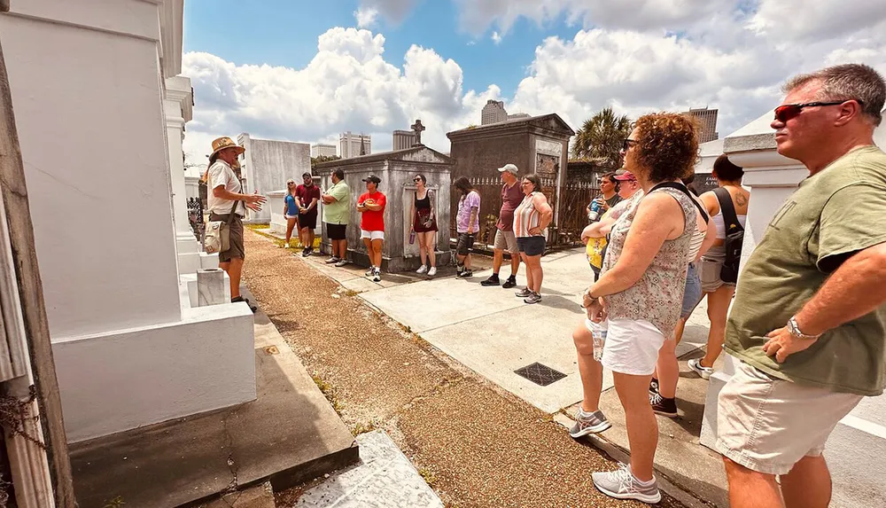 A group of tourists is attentively listening to a guide who is gesturing as he speaks amidst the historical setting of an old cemetery on a sunny day