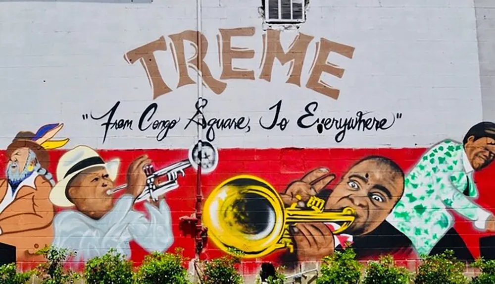 The image shows a vibrant mural dedicated to the Treme neighborhood in New Orleans featuring musicians and dancers with the phrase From Congo Square To Everywhere inscribed across the wall