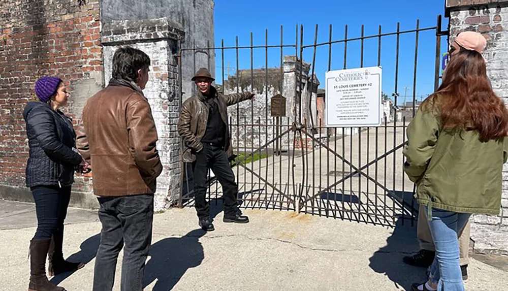 A group of people are engaged in what appears to be a guided tour outside the gates of the St Louis Cemetery 2 with the guide gesturing towards something inside the cemetery