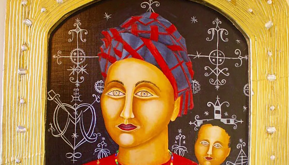 The image depicts a colorful painting of a stylized figure with almond-shaped eyes wearing a red and blue patterned headwrap with abstract symbols and a smaller face in the background all framed within a golden arch decorated with white dots