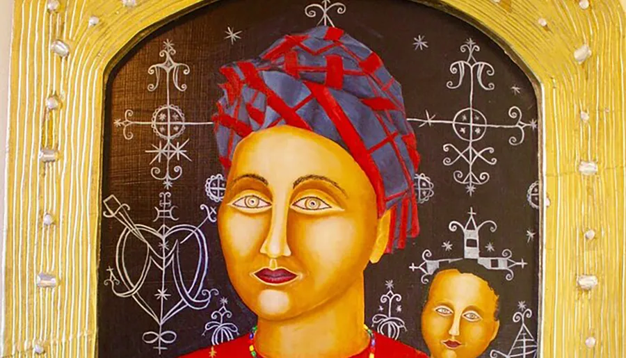The image depicts a colorful painting of a stylized figure with almond-shaped eyes, wearing a red and blue patterned headwrap, with abstract symbols and a smaller face in the background, all framed within a golden arch decorated with white dots.